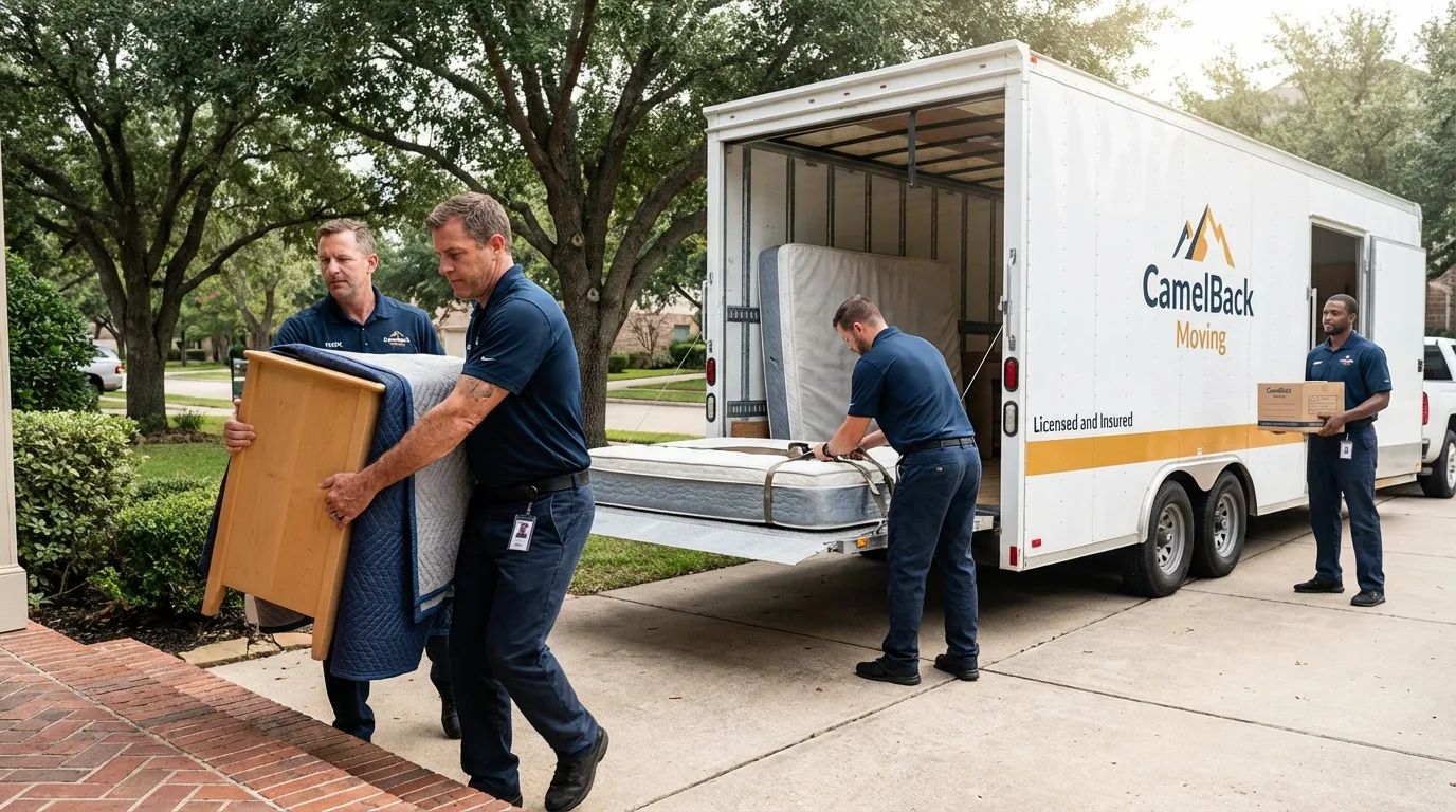 Crew loading residential truck for cross-state move from Taft, CA