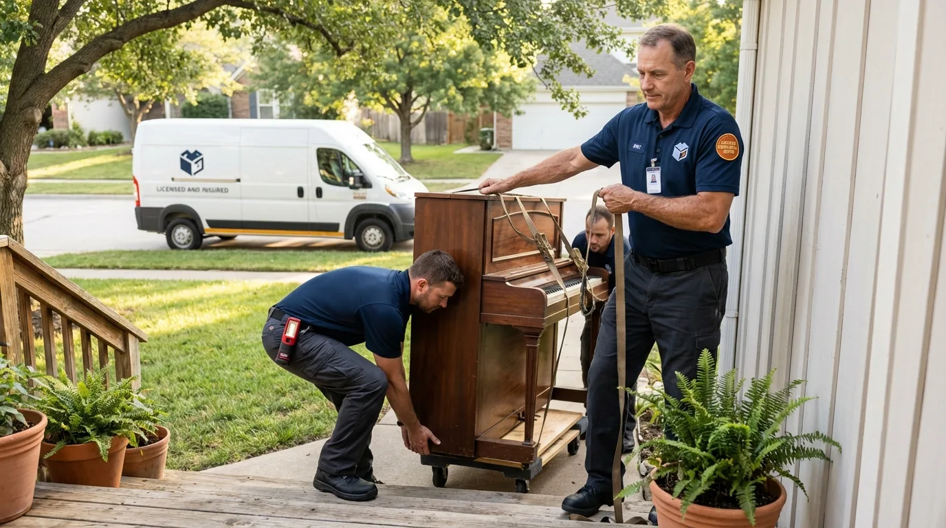 Licensed piano movers securing grand piano in Taft, CA
