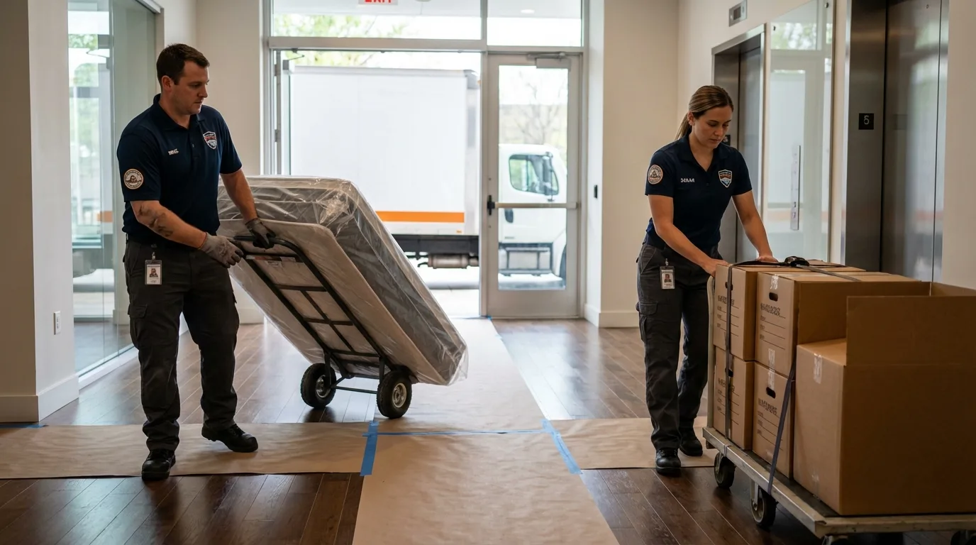 Professional apartment movers loading elevator in Taft, CA