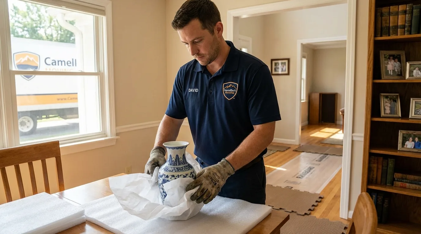 Professional crew carefully wrapping antique vase for senior downsizing move in Taft, CA